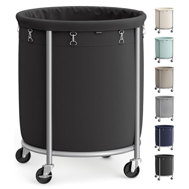 SONGMICS 50.2-Gallon (190 L) Laundry Basket with Wheels, Rolling Round Heavy-Duty Laundry Hamper Cart with Steel Frame and Removable Bag, 2 Locking Wheels, Ink Black and Metallic Silver URLS001B01
