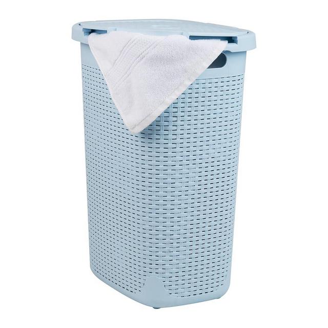 Mind Reader 60L Slim Laundry Hamper, Clothes Basket, Lid, Wicker Design, Plastic, 17.65"L x 13.75"W x 24.15"H, Baby Blue