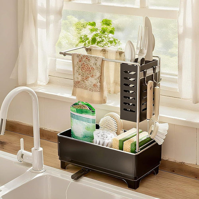 Sponge Holder for Kitchen Sink, 2-Tier Sink Caddy Organizer with Drain Holes and Hooks, Holds Dishcloth, Sponge & Brushes, Kitchen Countertop Storage for New Home Essentials Black