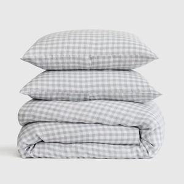 European Linen Deluxe Bedding Bundle in Blue Fog Gingham
