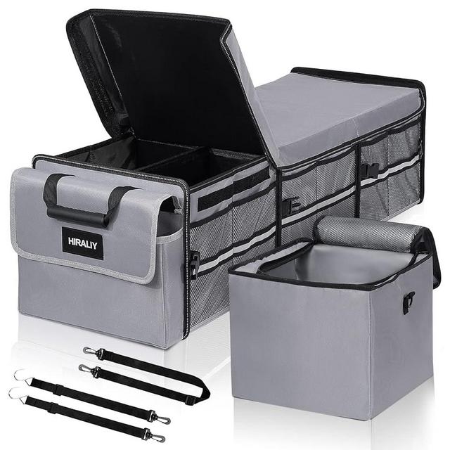HIRALIY 4 in 1 Car Trunk Storage Organizer with Lid, Multi Compartment Collapsible Trunk Storage Box with Leakproof Insulated Bag for Car Truck SUV