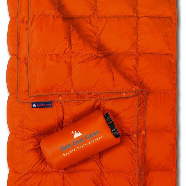 Get Out Gear Double Puffy Camping Blanket - Extra Puffy, Packable, Lightweight and Warm | Ideal for Outdoors, Travel, Stadium, Festivals, Beach, Hammock | Water-Resistant Camp Quilt (Orange/Gray)