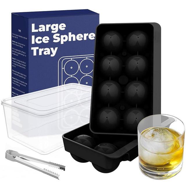 (2 Pack) Premium Extra Large Ice Cube Tray (2.5 inches) (Tong + Box) (8 Cavities), Sphere Ice Mold for Whiskey, Large Ice Tray Black with Bin for Whiskey, Cocktails, Ice Coffee, Easy to Use & Clean