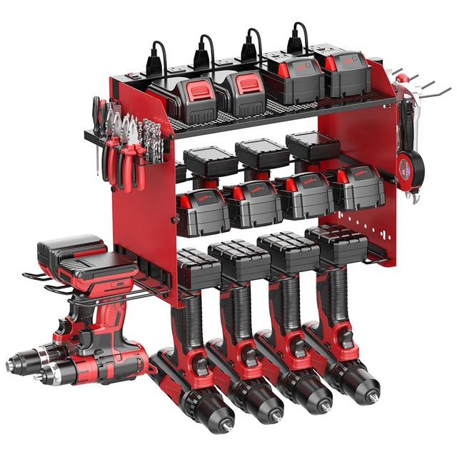 Luffioner Wall Mount Drill Storage Rack with Charging Station Power Tool Organizer Drill Holder Drill Bit Organizer for Garage Workshop Holds 4 Drills with 8 Outlet Power Strip Christmas Gift(Red)