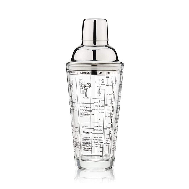 True Glass Shaker with 7 Cocktail Recipes, Jigger and Strainer, Bar Tool, 13.5 oz Mixing, 400 ml, Clear