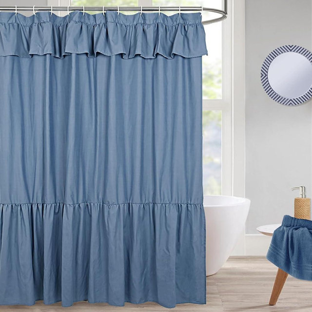 DOSLY IDÉES Ruffled Farmhouse Shower Curtain,Blue Fabric,Country and Chic Style,72x72 in