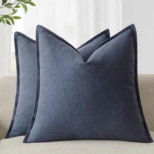 Foindtower Pack of 2, Decorative Linen Soild Throw Pillow Covers Soft Accent Square Cushion Case Boho Farmhouse Pillowcase for Chair Couch Sofa Bedroom Living Room Home Decor 16 x 16 Inch Navy Blue