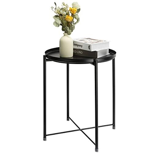 danpinera End Table, Side Table Metal Waterproof Small Coffee Table Sofa Side Table with Round Removable Tray for Living Room Bedroom Balcony and Office (Black)