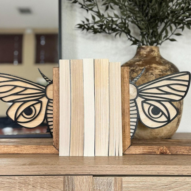Sleepy Eyed Moth Bookends, Moth Bookends, Book Stoppers, Wooden Book Ends, Laser Cut Bookends, Modern Decor, Shelf Decor, Tattoo Inspired