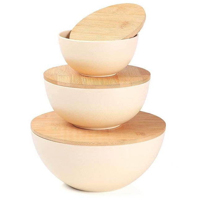ECO Bamboo Fiber Salad Bowl Set with Bamboo Lid-Set of 3 Salad Bowls (White), Mixing Bowls & Storage Set for Serving Salad, Kitchen Eating,Set for Pasta, Popcorn, Chips, Soup, Fruit, Dips & Bread