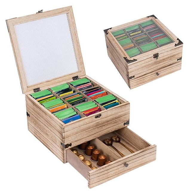 Wooden Tea Box Rustic Tea Bag Organizer 2 Tier Tea Storage Box Antique Tea Bag Holder Large Tea Chest Tea Caddy with 11 Compartments and drawers for Home Use, Gifts, Tea Parties