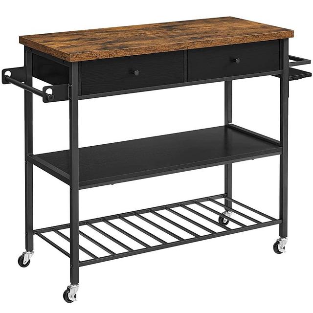 VASAGLE Kitchen Island, Kitchen Cart, 3-Tier Microwave Stand with 2 Drawers, Towel Bar, Spice Holder, 46.9 x 17.7 x 35.8 Inches, Rustic Brown and Black UKKI003B01