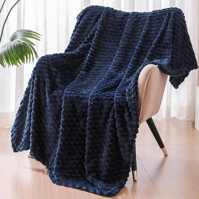 Exclusivo Mezcla Large Soft Fleece Throw Blanket, 50x70 Inches Stylish Jacquard Throw Blanket for Couch, Cozy, Warm, Lightweight and Decorative Navy Blue Blanket