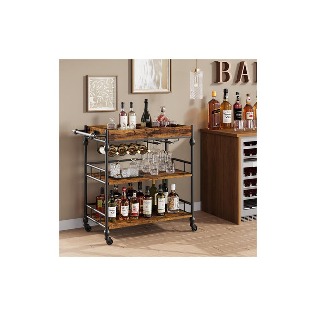 Whizmax Bar Cart, 3 Tier Bar Cart with Wheels, Rolling Cart with Wine Rack and Glasses Holder for Kitchen, Living Room, Dining Room - Brown