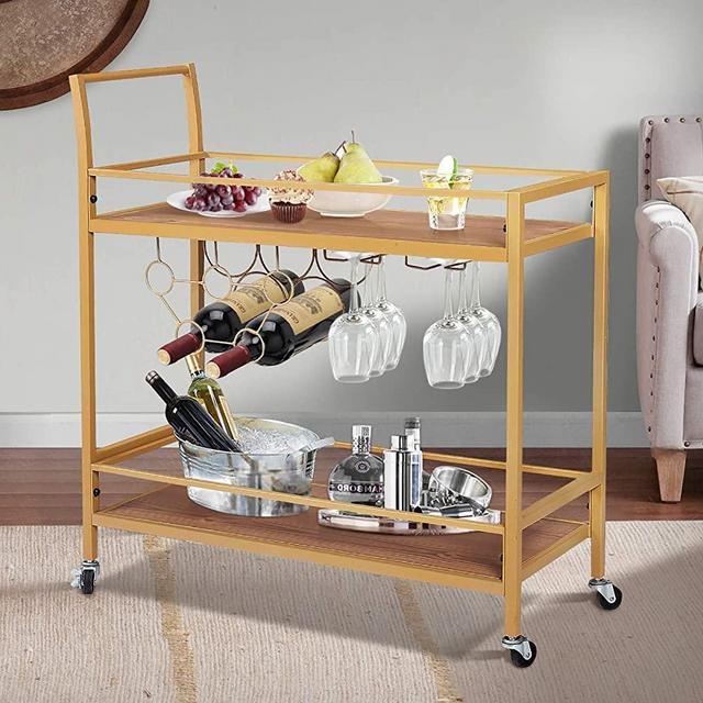 Gold Bar Cart, Bar Cart for Home, 2 Tiered Mobile Wine Cart with with Lockable Wheels, Rolling Bar Cart with Wine Rack and Glass Bottle Holder, Home Bar Serving Carts for Kitchen, Club, Living Room