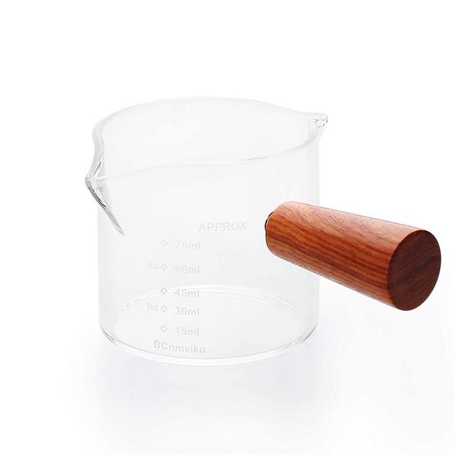 1 Pack Double Spouts Measuring Triple Pitcher Milk Cup with Wood Handle 75ml Espresso Shot Glasses Parts Clear Glass by BCnmviku