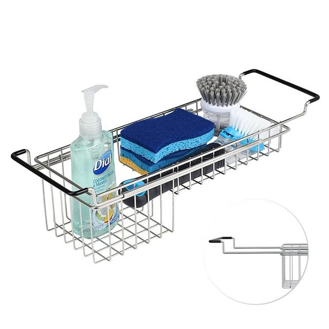 Sink Caddy Sponge Holder Kitchen Sink Organizer Sponge Caddy Farmhouse Sink Accessories Rag Detergent Brush Dishwashing Liquid Rack Expandable 14-3/4" to 20" Stainless Steel