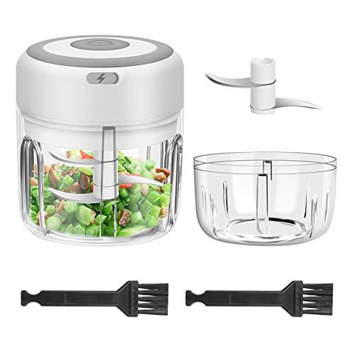 Cordless Garlic Chopper, 2PCS Electric Mini Food Chopper Portable Powerful Garlic Press Chopper for Pepper Chili Vegetable Nuts Mincer/Grinder, Baby Food Maker (250ml &100ml, White)