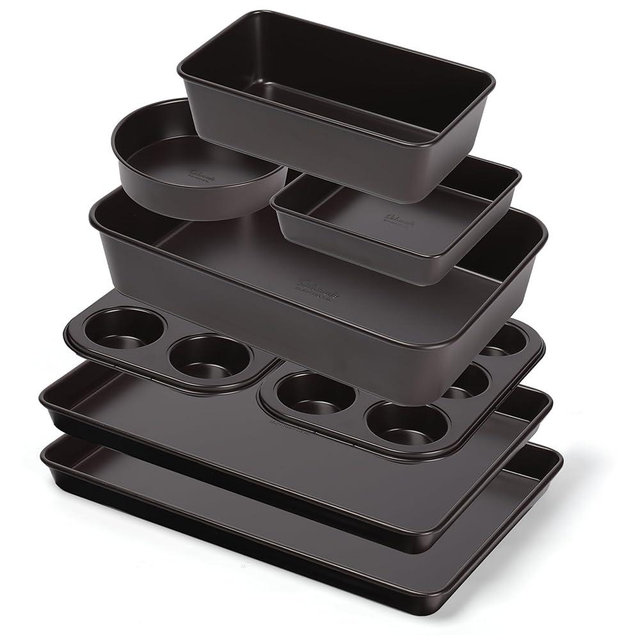8 Piece Nonstick Stackable Bakeware Set -8 Piece Nonstick Bakeware Set - Easy Storage, 450°F Oven Safe, Durable Design, Muffin, Loaf, Baking Sheets, Round & Square Pan, Roaster; BPA-Free (Dark Brown)