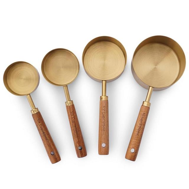 SHIKORI Gold Measuring Cups and Spoons Set with Wood Handles, Premium Stainless Steel Measuring Spoons and Measuring Cups Set, For Cooking and Baking in the Kitchen-Gold-4Cups