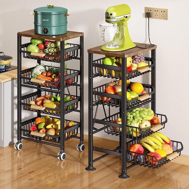 Fruit Basket for Kitchen, 5 Tier Large Pull-out Wire Basket With Wood Top and Wheels, Kitchen Storage Cart for Fruit Vegetable Onions Potatoes Banana, Black