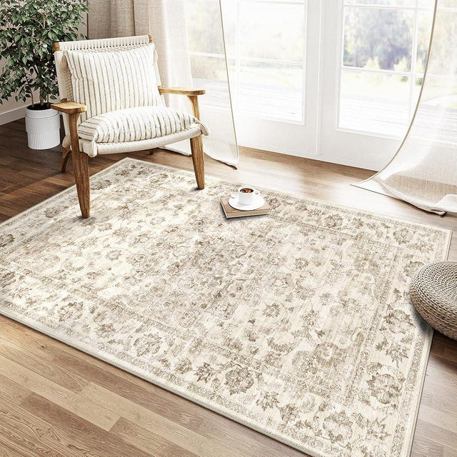 WondRg 3x5 Washable Neutral Area Rug Beige Entryway Kitchen Non-Slip Low Pile Floral Carpet Vintage Soft Thin Throw Rug for Entrance Bathroom Indoor Door Mat Dorm Dining Room