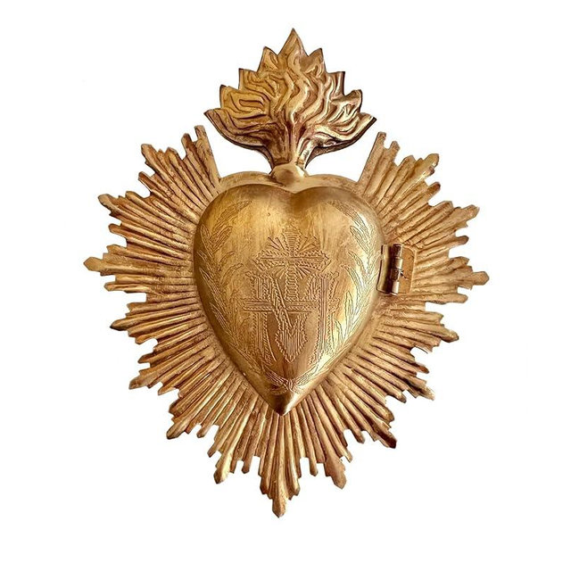 Sacred Heart, Metal Heart Milagro, Heart Box, Ex Voto, Prayer Holder (Antique Gold)