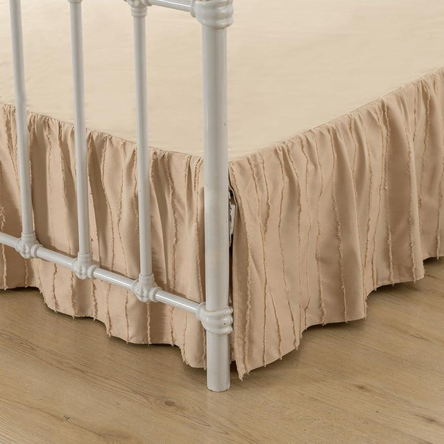 Bed Skirt Queen Size, Ruffled Bed Skirt with Split Corners, Queen Bed Skirts 16 Inch Drop with Platform, Striped Boho Tufted Queen Size Bed Skirting, Striped, Light Camel, 16'' Queen