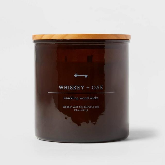 23oz XL 3-Wick Whiskey + Oak Wooden Amber Glass with Wood Lid and Stamped Logo Amber - Threshold™