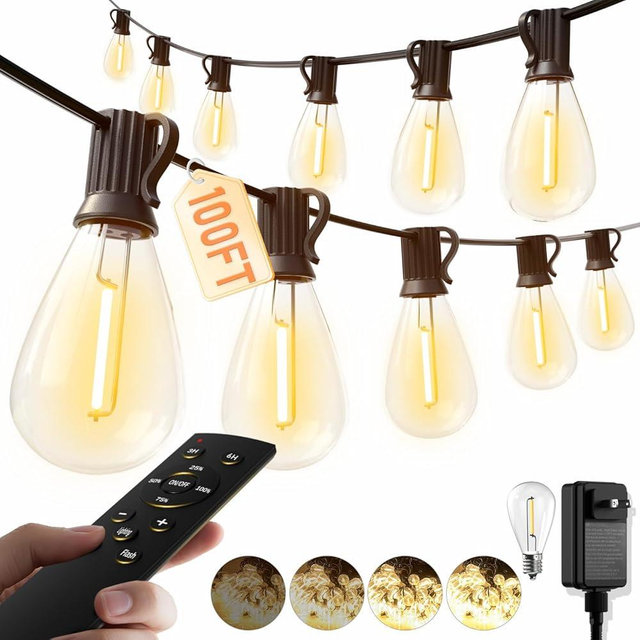 luckystyle 100FT LED Outdoor String Lights with Remote, 35+ 1 Shatterproof Bulbs Waterproof and Dimmable Patio Lights for Porch, Garden, Backyard, Deck, Balcony, 2700K Hanging Lighting