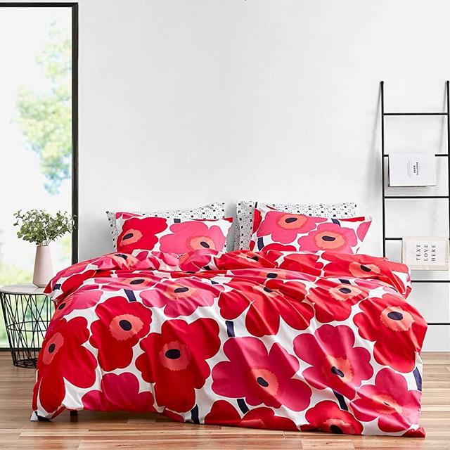 Marimekko - Queen Duvet Cover Set, Cotton Bedding with Matching Shams & Botton Closure, All Season Home Decor (Unikko Red, Queen)