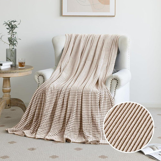 PLEASANT BOULEVARD | Fuzzy Throw Blanket Double-Sided Design Checkered Striped Waffe Lightweight Fleece Blankets for Bed and Couch Décor – Cozy, Soft, Cute for Women, Queen (90" x 90") Brown