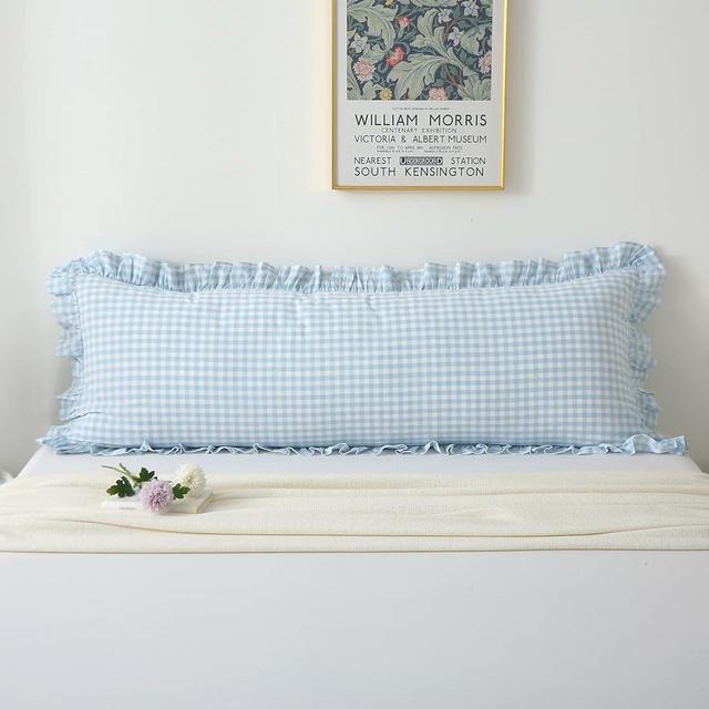 K MASANIJI Light Blue White Plaid Ruffle Gingham Bedding Body Pillow Cover, 100% Cotton Checkered Vintage Farmhouse Decorative Bed Pillow Sham (54x20 inches, Light Blue/White Plaid)