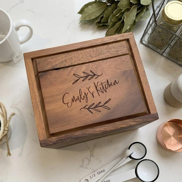 Personalized Recipe Box, Acacia Wooden Recipe Box: Custom Recipe Box with Dividers (10 card stock dividers)