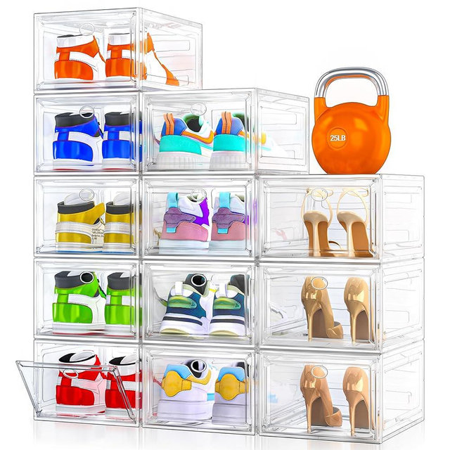12 Pack Clear Shoe Storage Organizer with Magnetic Door,Stackable Plastic Shoe Boxes for Sneakers,Boots,and Heels,Space-Saving Foldable Shoe Rack for Closet,Durable Shoe Cabinet Organizer,White