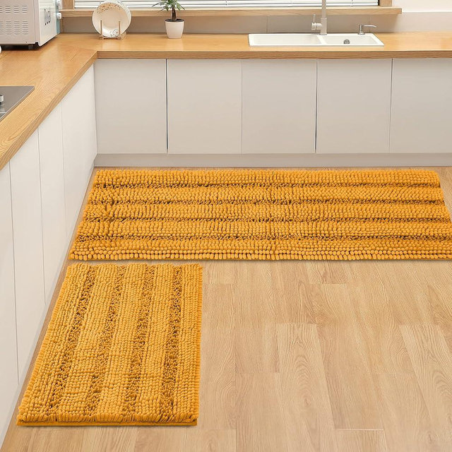 Non Slip Thick Shaggy Chenille Bathroom Rug Sets 2 Piece, Thickened Hot Melt Rubber Bottom Bath Mats for Bathroom, Bath Rugs Quick Dry Machine Washable for Shower (Saffron, 47"x17" Plus 17"x24")