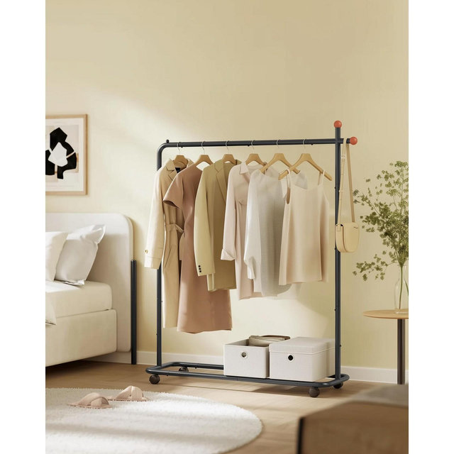 SONGMICS HOME Clothes Rack, Clothes Rail on Wheels, Portable Garment Rack, with 1 Clothes Hanging Rail, Matchstick-Shaped Hooks, Ink Black