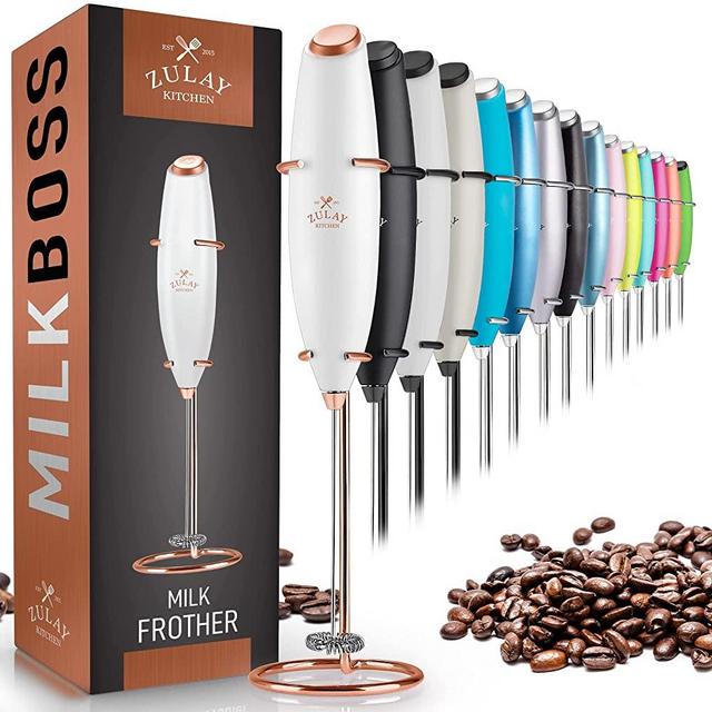 Zulay Original Milk Frother Handheld Foam Maker for Lattes - Whisk Drink Mixer for Coffee, Mini Foamer for Cappuccino, Frappe, Matcha, Hot Chocolate by Milk Boss (Exec White with Rose Gold Stand)