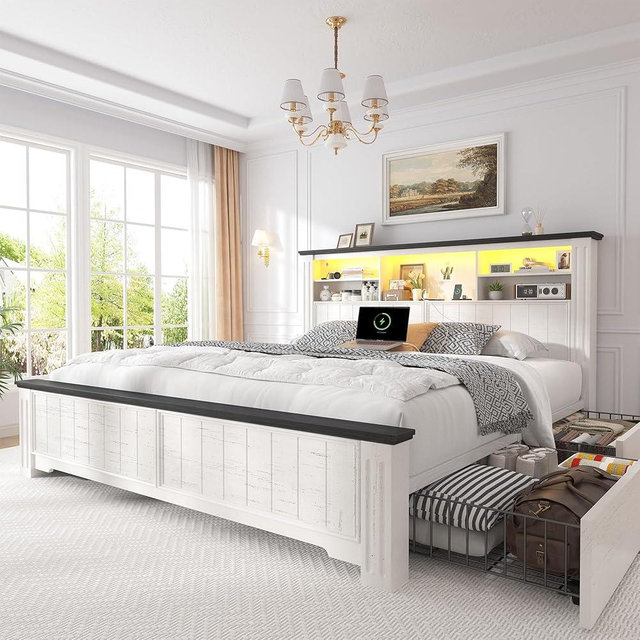 EnHomee Queen Bed Frame with Headboard and Storage, 4 Drawers and LED Built in Charging Station Bed Frame Queen Size with Storage Farmhouse, NO Noise,No Box Spring Needed, White