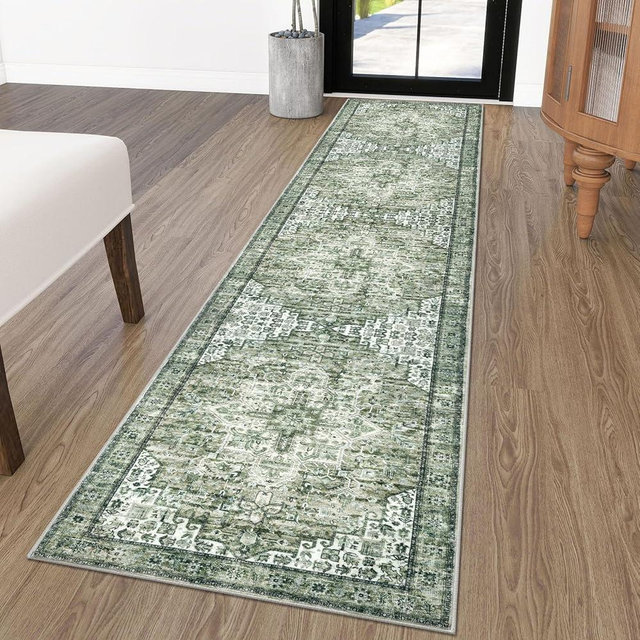 SIILOOM 2x10 Runner for Hallways, Green Non-Slip Washable Kitchen Runner, Vintage Boho Runners Printed Rug with Non-Shedding, Soft Medallion Floor Carpet Rugs for Laundry Bedroom Entryway