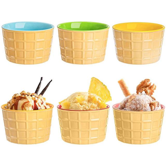 Elsjoy Set of 6 Ceramic Ice Cream Cups, 9 Oz Porcelain Dessert Bowl Reusable Sundae Cups, Mini Ice Cream Bowls for Pudding, Yogurt, Souffle