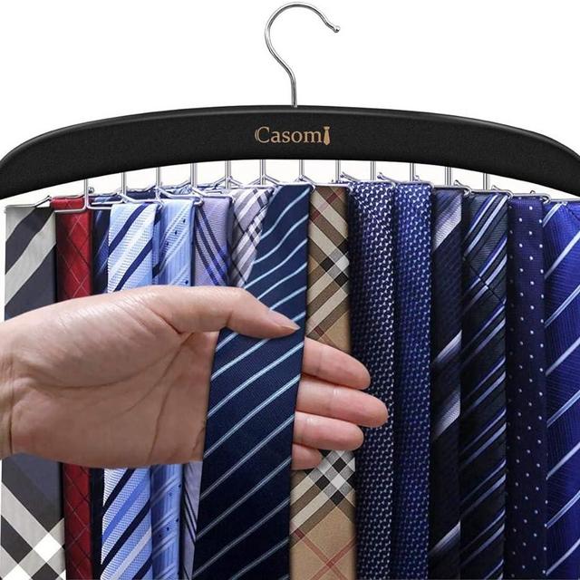 Wooden Tie Rack Hanger,Premium Wood Tank Top Hanger with 24 Large Capacity,360° Rotating,Foldable Metal Hooks,Space Saving Tie Hanger Camisole Organizer for Closet Storage Men Women(Black)