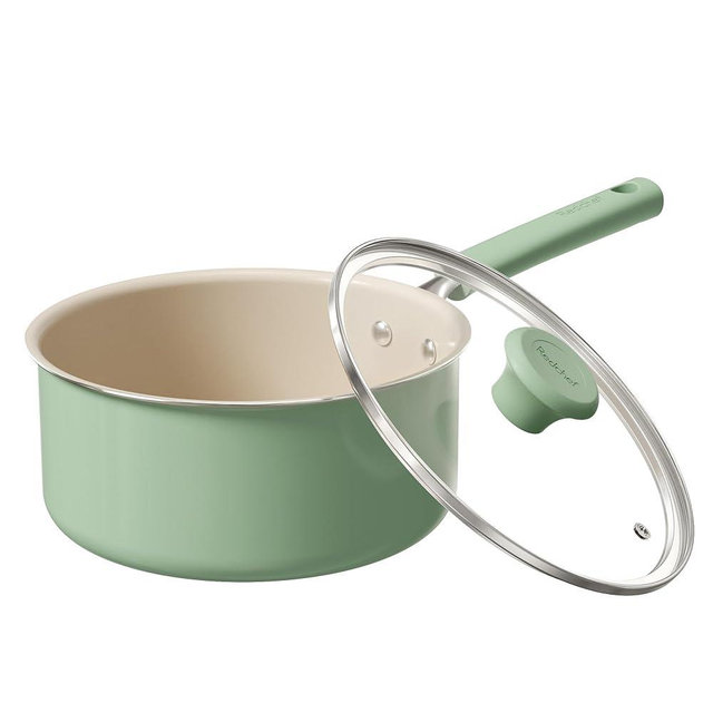Redchef Ceramic Nonstick Saucepan with Lid, 3QT Small Cooking Pot,Non Toxic Sauce Pans for Kitchen, Cool Handle PFAS Free Compatible with All Cooktops, Green