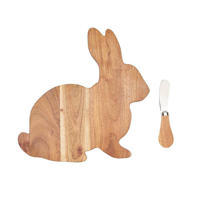 C&F Home 10" Easter Bunny Rabbit Shape Smooth Acacia Wood 2-Piece Serving Platter Tray w/Spreader Knife Spring Springtime Home Kitchen Party Charcuterie Cheese Fruit Tray Decor Decoration Brown