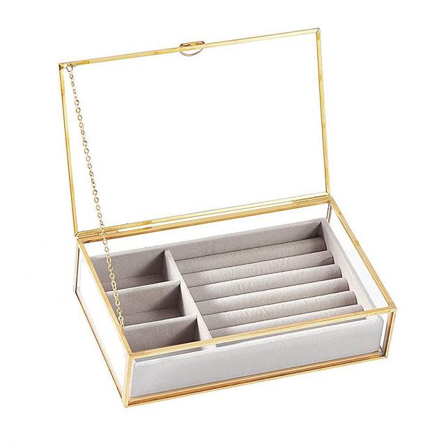 Golden Vintage Clear Glass Jewelry Box with Gray Velvet Organizer (8.3x5.3x2 ​in)