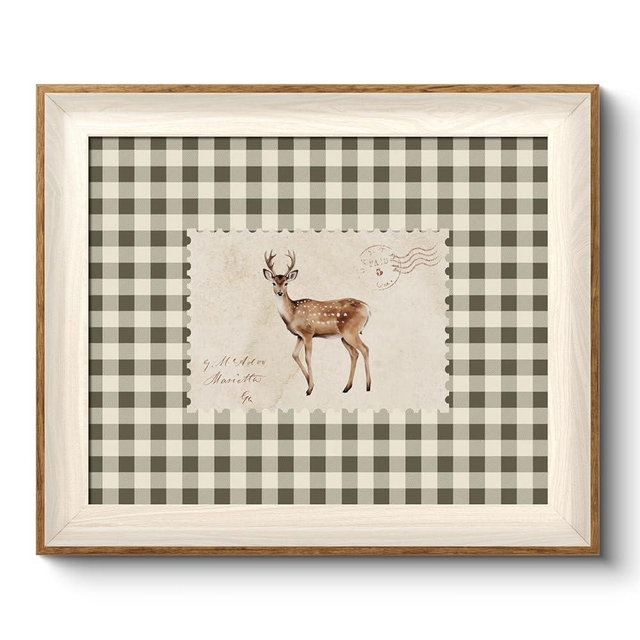 VIYYIEA Framed Wall Art for Living Room, Sika Deer Stamp Canvas Prints, Green Home Decor, Animals Painting Picture, Bathroom Wall Decor Gifts for Friends or Family - 12L x 10W