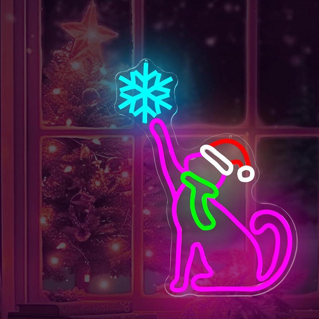 hhuohuona Christmas Cat Neon Sign Dimmable Cat Christmas Lights Pink Cats with Winter Snowflake Neon Light Merry Xmas Light Up Sign for Holiday Party Decor Kids Gifts