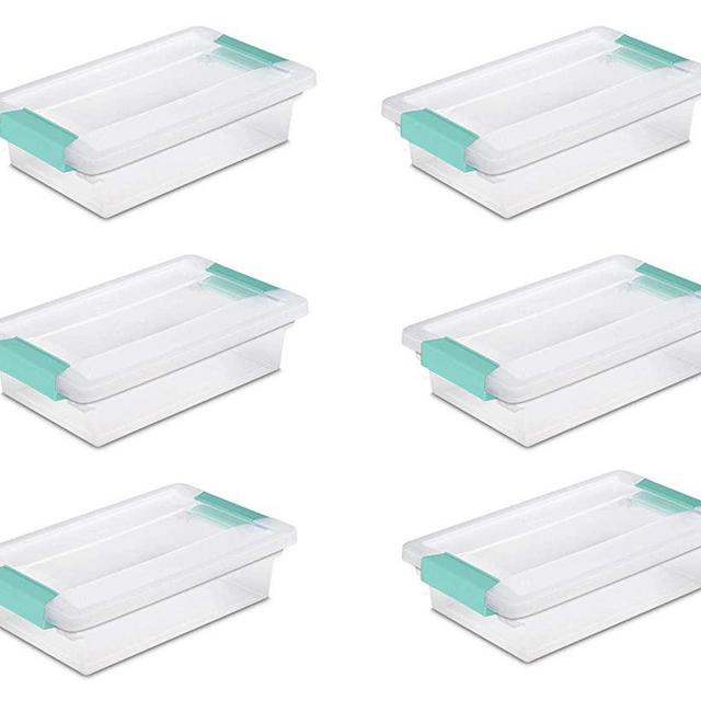 Sterilite 19618606 Small Clip Box, Clear Lid & Base w/Colored Latches, 6-Pack