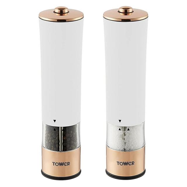 Tower Electric Salt and Pepper Mills, Stainless Steel, White, 5.6 x 5.6 x 22.5 cm
