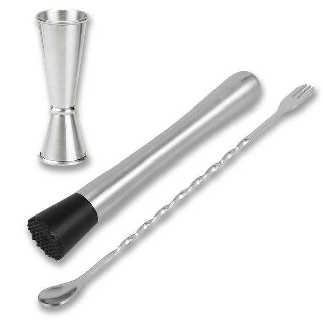 Gbuxska Muddler for Cocktails, 10 Inches Bar Spoon, 1 oz 2 oz Double Jigger- Premium 3 Piece Silver Mixing Tools Set for Drinks
